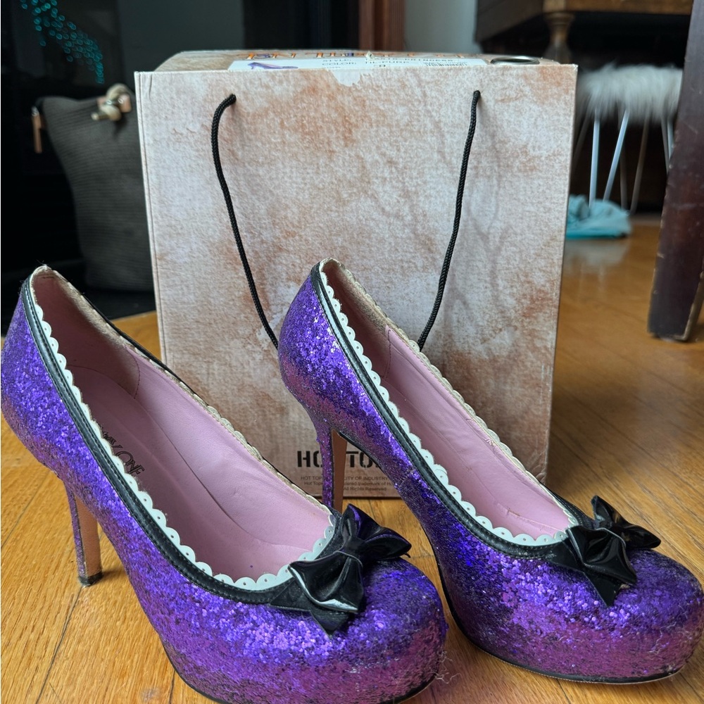 Hot Topic Purple Glitter Heels with Black Bow Accent